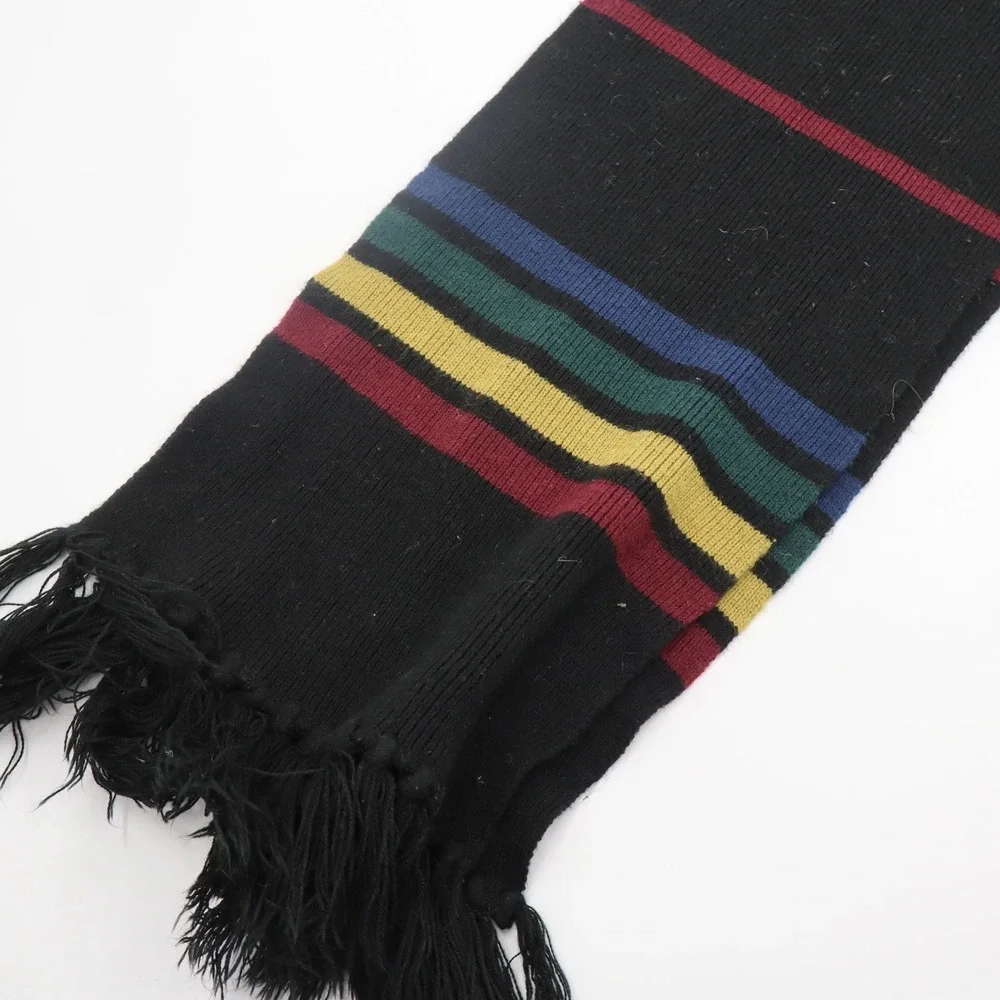 Harry Potter Hogwarts Crest Knit Scarf OS Black Multi Color Striped Fringe‎
